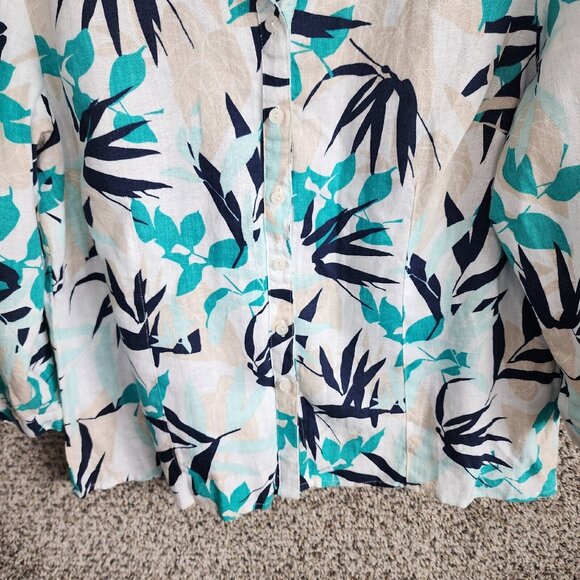 JM Collection Top Womens 16 Floral Print‎ 100% Linen Button Up Teal Collared - Picture 5 of 7